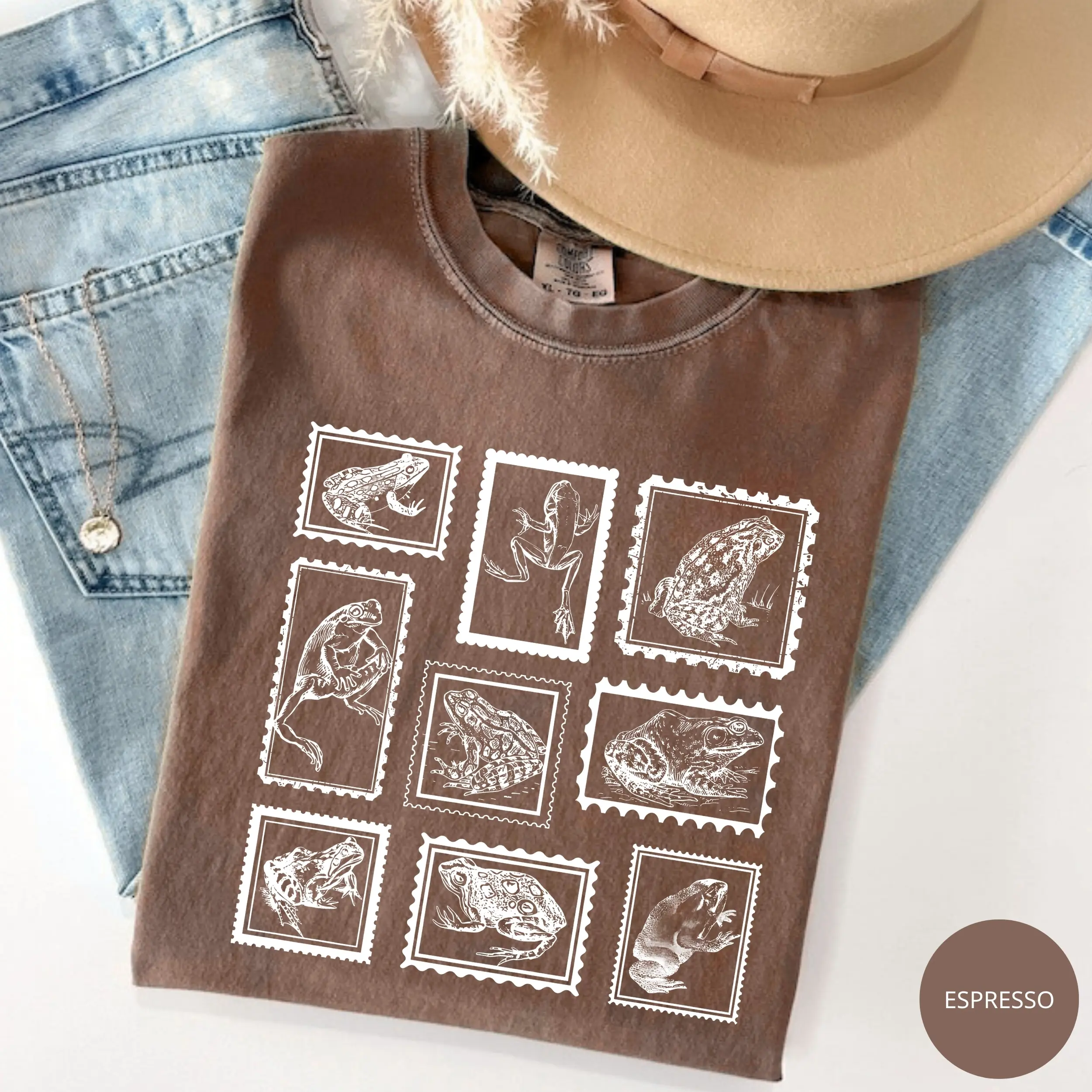 Alternative view of Comfort Colors Retro Frogs T-shirt, Vintage Stamp T-shirt, Frog Women Tee, Boho Cottagecore, Vintage Postage Stamp, Tattoo 90s Frog Cotton Fabric
